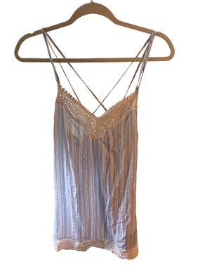 In Bloom by Jonquil Blue White Striped Eyelet Lace Trim Cami Top Chemise L